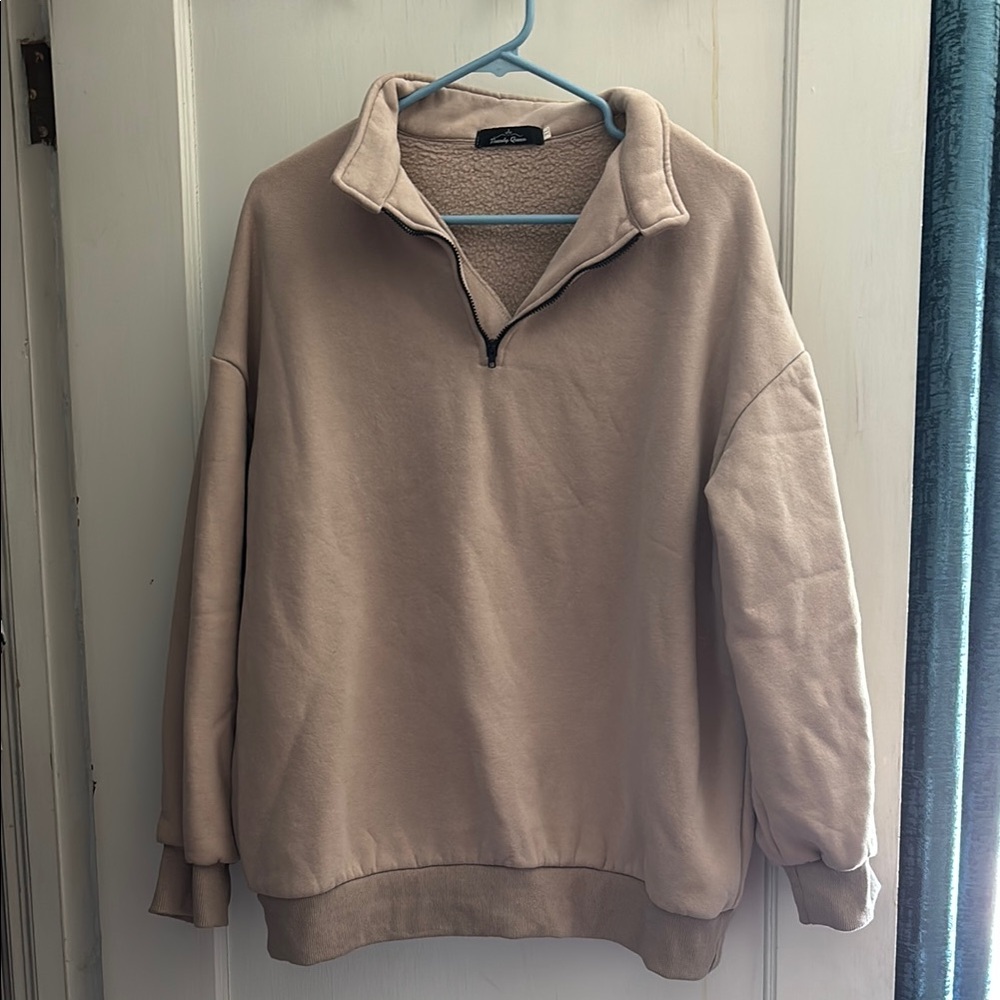 Tan Zip Up Sweater with Soft Material and Classic Design
